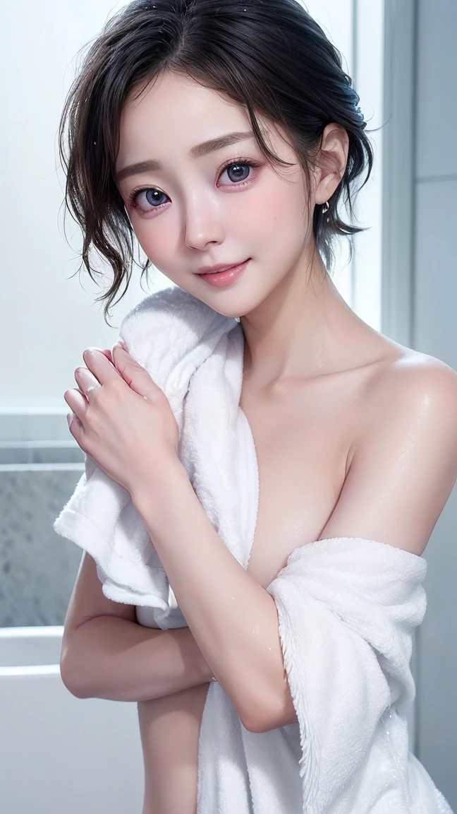 (4K quality:1.3),(Best Quality:1.5),(Whitening:1.4),(Beautiful Skin:1.4),(10th Generation:1.5),(Baby Face:1.5),(The ultimate beauty:1.5),(Arisa Hanyu:1.4),rich,Upper Body,smile,(Completely naked:1.6),(After a bath:1.4),(Cover your chest with a bath towel you are holding:1.3),(jewelry),(Super Celebrity),(Supermodel),(Tight waist:1.4),(Night viewの良いホテル:1.1),(luxury:1.2),(Arisa Hanyu:1.5),(Anorexia:1.4),(Night view:1.3),(Face close-up:1.2),Catchlight,(Child&#39;s face),(smile:1.1),(Half Up Hair:1.3),(Bright Blue Eyes),(2D cuteness:1.5),(Cute Makeup),Beautiful fingertips,(Transparent white skin),(albino),(Light hits the subject:1.3),Best Shot