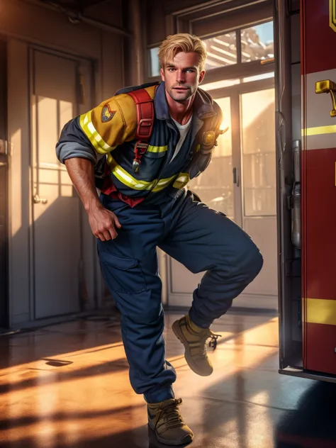 close up of a male firefighter taking off his clothes at a fire station, seductive facial expression, blond hair, very hairy bod...