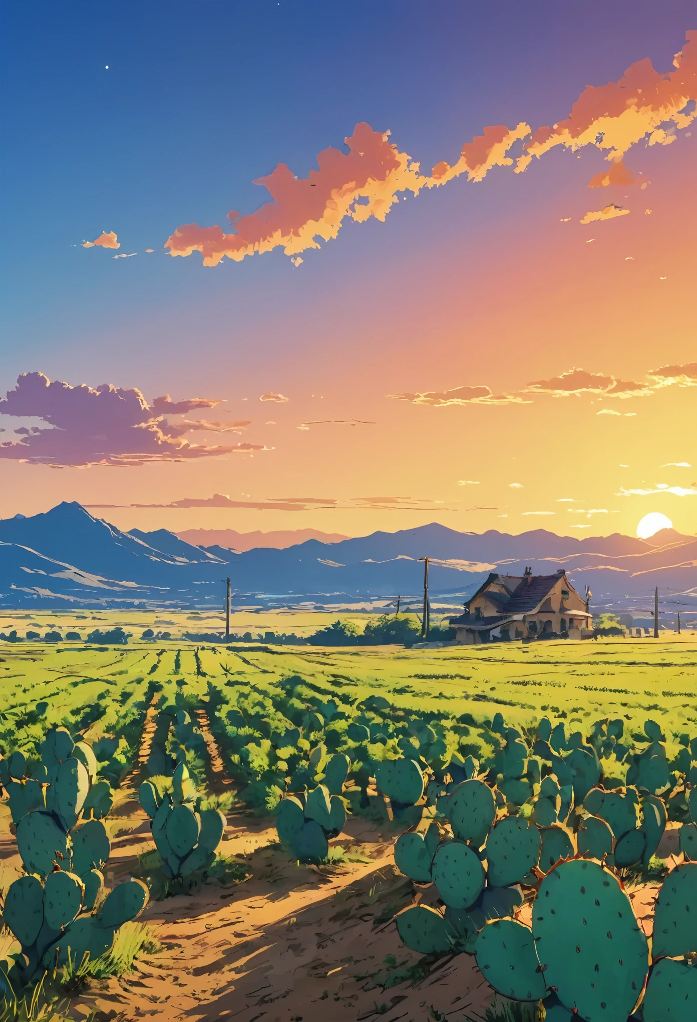 Draw a simple Tintin style art of a desert field with prickly pear plantation sunset hellish twilight country house meadows sky!!!  clouds!! detailed in a field, anime nature, Makoto Shinkai!, anime beautiful peace scene, anime countryside landscape, animated art background, Makoto Shinkai!!, anime movie background best of seaart hd 8k