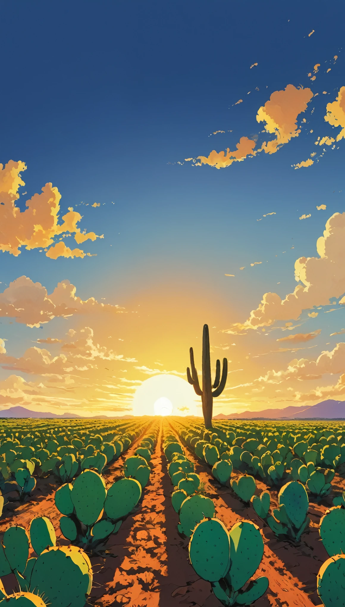 (Minimalism:1.4), Draw a simple Tintin style art a field prickly pear plant sunset clouds , studio ghibli art, miyazaki,  , Makoto Shinkai!!, anime movie background best quality best of SeaArt HD
