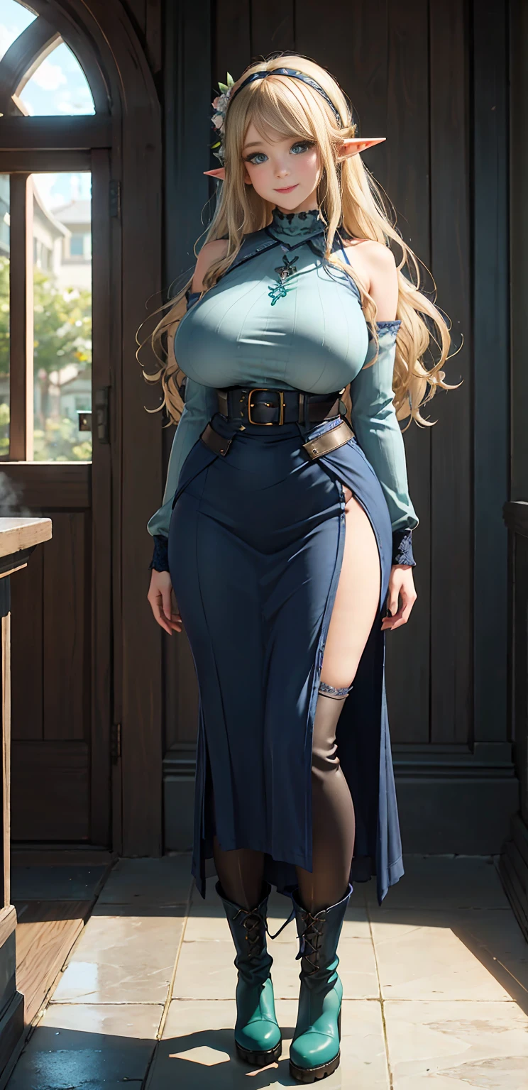 Beautiful, ethereal, solo mature elf woman, (gigantic breasts:1.3), milf, voluptuous, Bimbo, long curly ash blonde hair, soft headband, detailed bright mint green eyes, full lips, seductive, smiling, cute clothing, love handles, huge ass, Best quality, Masterpiece, 4K, cinematic lighting, volumetric lighting, by wlop and ross tran, rendered with octane, luminous studio graphics engine,(knitted shirt) ,(high-waist long skirt), , (long skirt,Navy blue boots,navy blue boots:1.2),,(arms behind back:1.2),((Elf parent and child, mother and daughter)),,at the library,