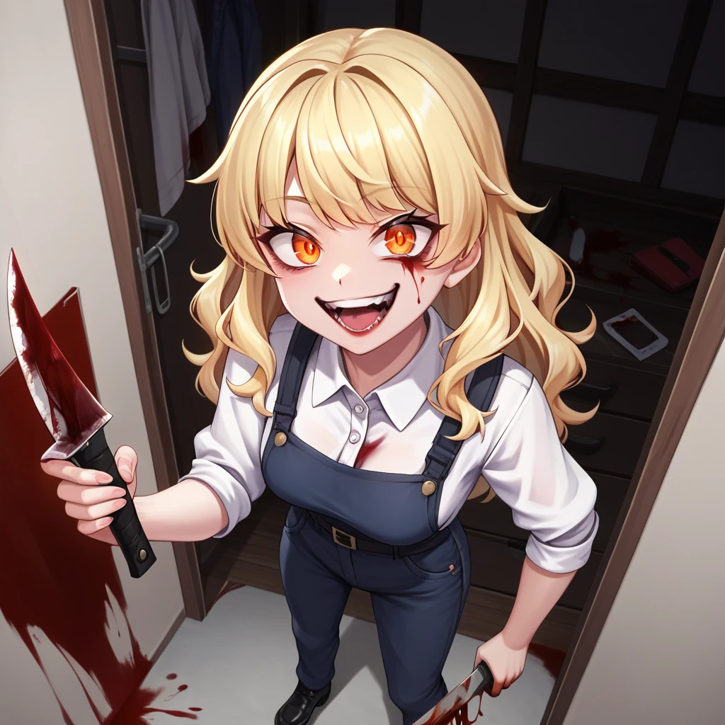 curtain bangs, wavy hair, orange eyes, blonde, pants, 1girl, 4k, hd, room, looking at the viewer, repaired eyes, correct anatomy, natural colors, anime, very closet-up, artgrem, from above, gesugao, evil smile, open mouth, wide open eyes, (glowing eyes:0.5), eye cat, standing, gore, blood, holding a knife