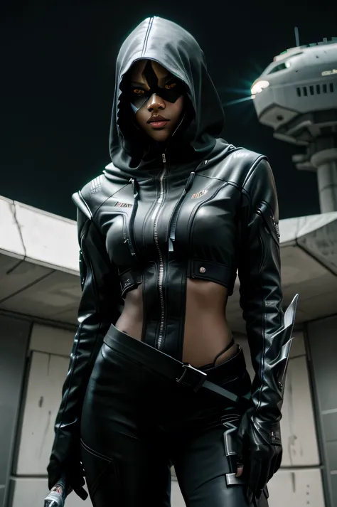 sci fi rogue, black female cat furry, holding a futuristic dagger, with a hood, enemy monsters in the background, realism, sci f...