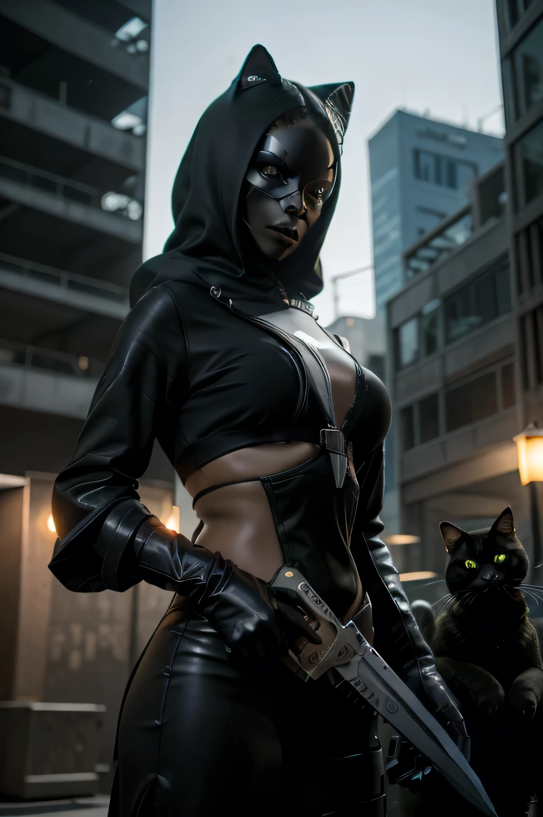 sci fi rogue, black female cat furry, holding a futuristic dagger, with a hood, enemy monsters in the background, realism, sci fi, cool cyber mask, hyper realistic
