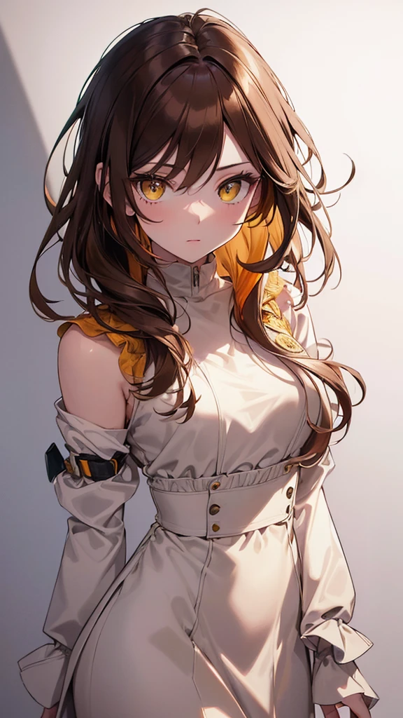 High resolution, Best Quality, masterpiece, Ultra-precision,(((Full body portrait))),Character Portrait,One girl, solo, beautiful girl,Look at, Beautiful Face,((Brown Hair)),Yellow inner color hair,((Amber Eyes)),Fine slanted eyes,Long eyelashes,Cool look,white, Brown and cream clothing,Slender figure,Small breasts,Simple Background,Concept Art, 