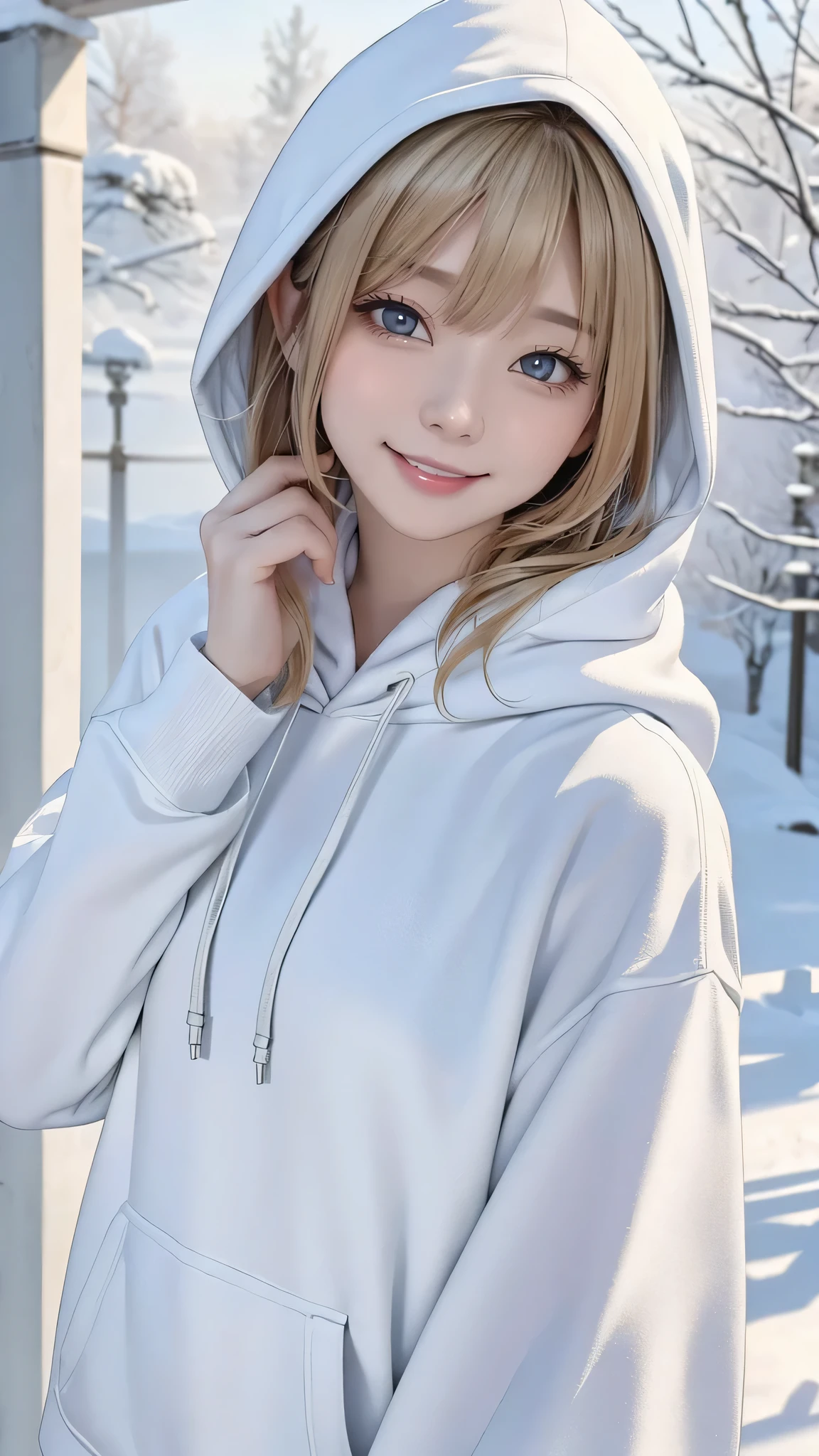 Outdoor:1.5、winter、snow、White world、frozen world、White world、One Girl、Only 24、Perfect Anatomy、Correct human body、Ash Blonde、Layered Haircut、Short Wavy Hair、A woman with a pretty face、Attractive eyes、Perfect beauty、Natural color poncho-style hoodie、Wearing a hood、silence、Outdoor、White wall、rhyme、White world、Blurred Background、Natural soft light、to be born、Photorealistic、最high quality、high quality、high resolution、