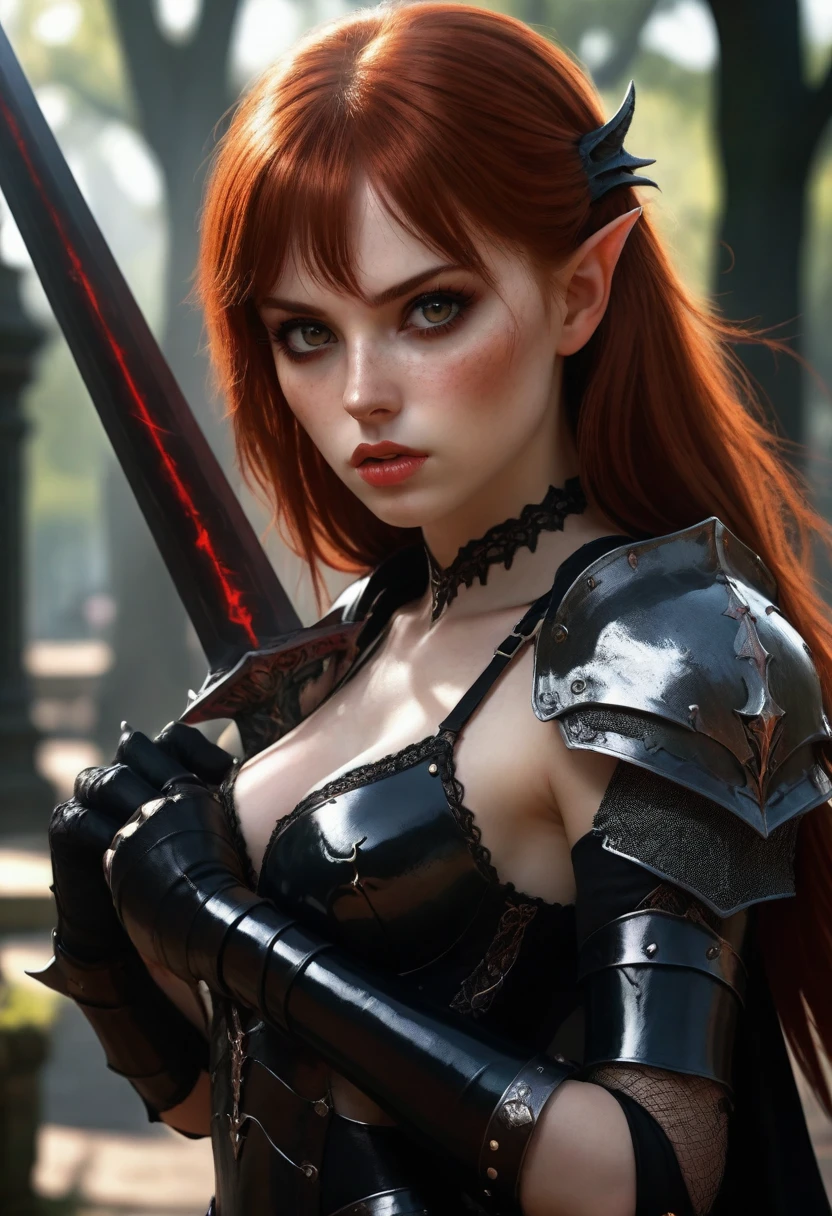 A beautiful redhead demonic girl in a city park holding a giant sword and wearing warrior sexy armor. She is extremely hot and sexy. She has detailed eyes, lips, and eyelashes. Digital painting, cinematic lighting, dramatic shadows, moody colors, and dark fantasy.