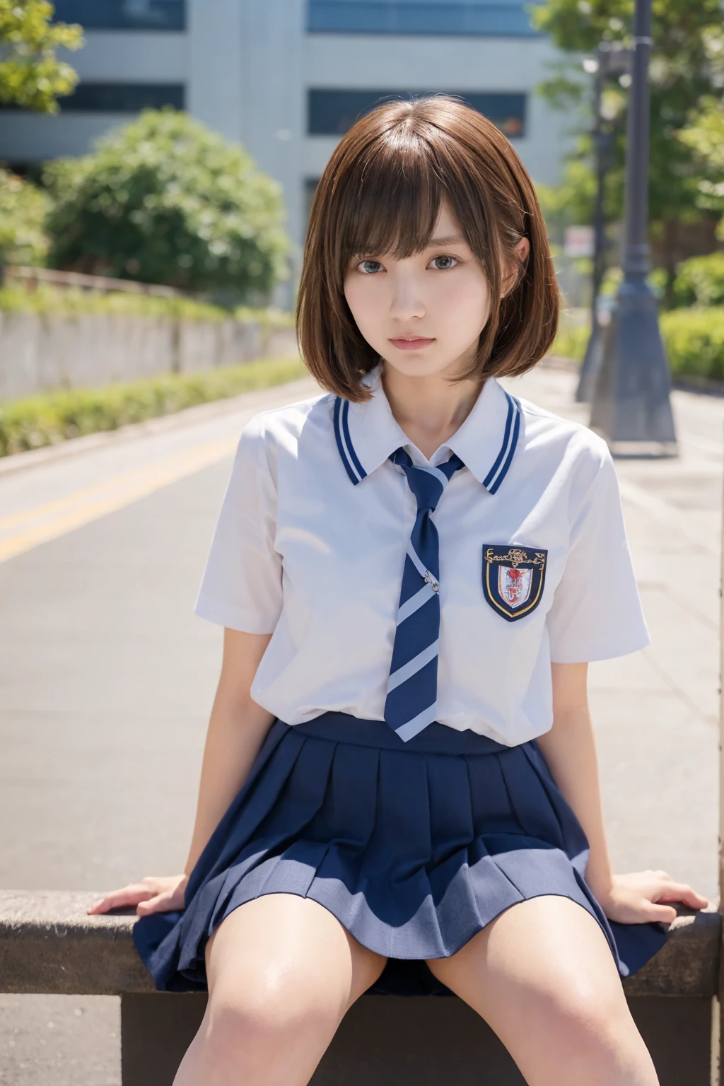 (masterpiece, Best Quality, Best Quality, Official Art, beautifully、aesthetic:1.2), (Realistic,RAW Photos, Best Quality),(One girl), (Misaka Mikoto Cosplay:1.2)、Clear images、Best Quality、8k、Brown Hair、Asymmetrical Very Short Hair、hairpin、Tokiwadai Junior High School short sleeve uniform、School、Arms crossed、mini skirt,jacket, Loose socks、sit&#39;knees,(hugging own legs:1.4),panties,Her skirt is rolling up,常盤台中School,Squat,