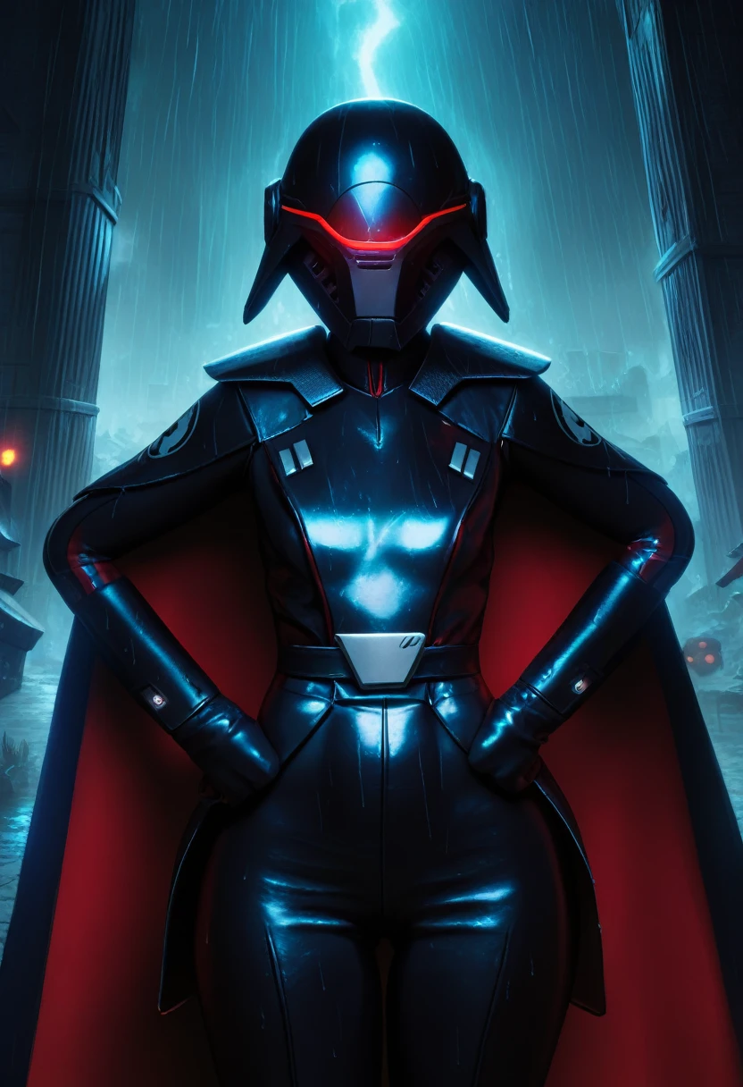 score_9, score_8_up, score_7_up, 3d,
BREAK
Trilla, helmet with red visor, cape, armor,black gloves,tight bodysuit,black cape,black pants,
solo, standing, front view, medium breasts, hands on hips, wide hips,
junkyard background, rain, night, night sky