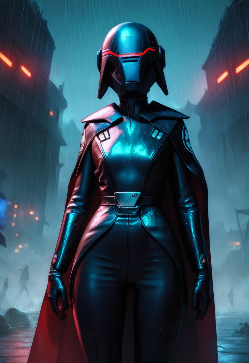 score_9, score_8_up, score_7_up, 3d,
BREAK
Trilla, helmet with red visor, cape, armor,black gloves,tight bodysuit,black cape,black pants,
solo, standing, front view, medium breasts, wide hips,
junkyard background, rain, night, night sky