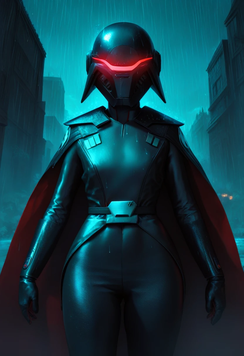 score_9, score_8_up, score_7_up, 3d,
BREAK
Trilla, helmet with red visor, cape, armor,black gloves,tight bodysuit,black cape,black pants,
solo, standing, front view, medium breasts, wide hips,
junkyard background, rain, night, night sky