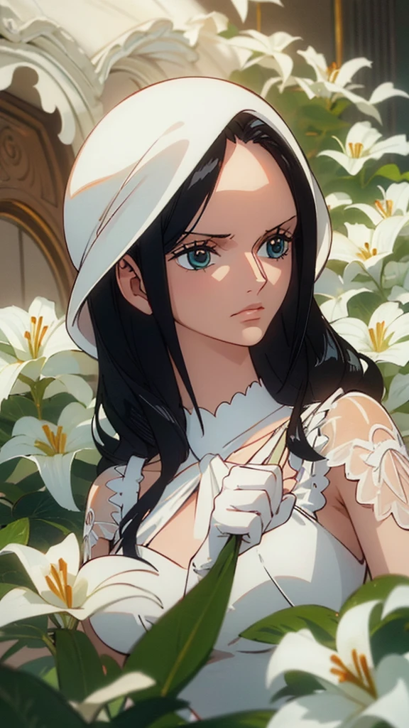 1girl, Nico Robin, beautiful detailed eyes, beautiful detailed lips, extremely detailed eyes and face, long eyelashes, elegant, graceful, timeless, flowing ivory wedding gown, delicate lace detailing, fitted bodice, slender figure, soft cascading skirt, slight train, raven black hair, sophisticated bun, loose strands framing face, serene expression, calm confident gaze, holding white lily bouquet, open garden, soft twilight lighting, elegant floral arrangements, (best quality,4k,8k,highres,masterpiece:1.2),ultra-detailed,(realistic,photorealistic,photo-realistic:1.37),highly detailed,cinematic lighting,dramatic scene,beautiful colors,stunning