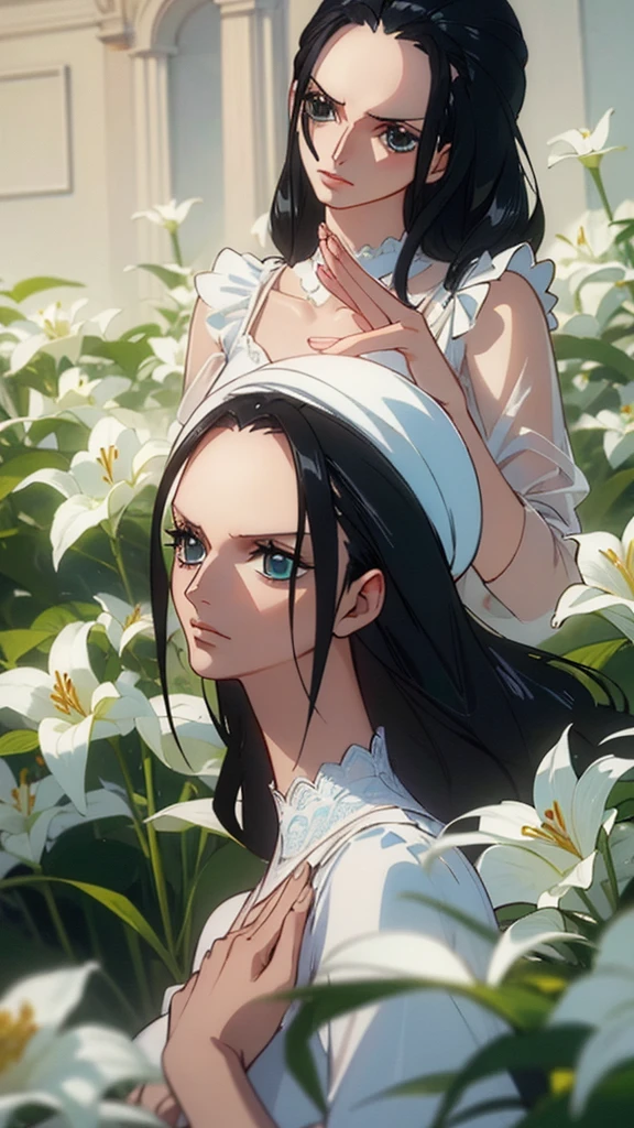 1girl, Nico Robin, beautiful detailed eyes, beautiful detailed lips, extremely detailed eyes and face, long eyelashes, elegant, graceful, timeless, flowing ivory wedding gown, delicate lace detailing, fitted bodice, slender figure, soft cascading skirt, slight train, raven black hair, sophisticated bun, loose strands framing face, serene expression, calm confident gaze, holding white lily bouquet, open garden, soft twilight lighting, elegant floral arrangements, (best quality,4k,8k,highres,masterpiece:1.2),ultra-detailed,(realistic,photorealistic,photo-realistic:1.37),highly detailed,cinematic lighting,dramatic scene,beautiful colors,stunning