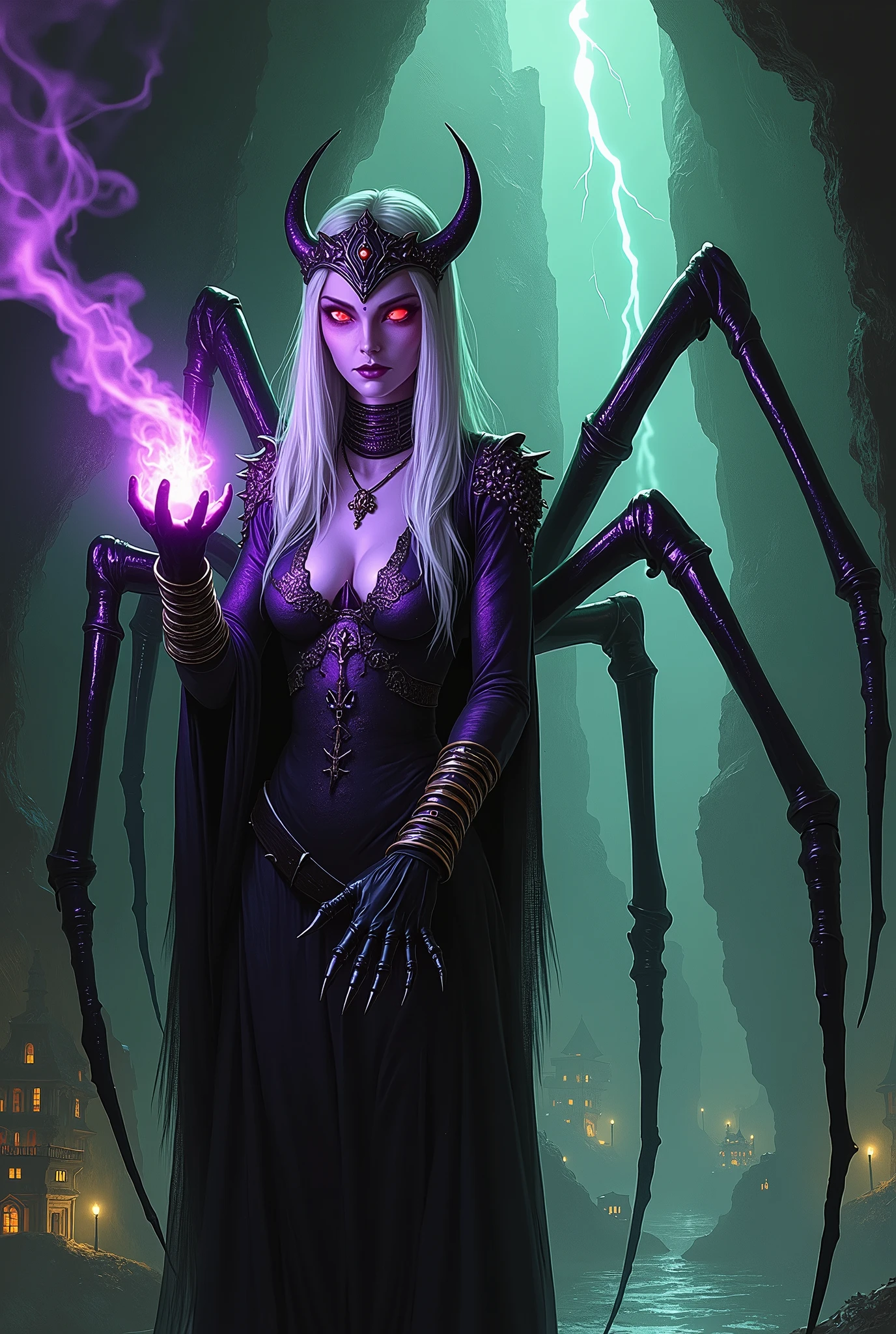 (Ultra-detailed face, looking away, Fantasy Illustration with Gothic, Ukiyo-e, Comic Art, dark tone colors), 
BREAK 
(This is a huge city of dark elves deep underground. The shadows of the city are dimly visible in the distant darkness with a green aura.), 
BREAK 
(Lolth, the goddess known as the spider queen, has the upper body of a female dark elf and (((the lower body of a black widow spider))). The spider's legs are very long and thin, and its shiny black body is surrounded by an aura of evil.), 
BREAK 
(It holds onto a pillar in a pitch-dark cave, extends one hand toward us, and shoots a beam of purple flame toward the front.), 
BREAK 
(Lolth has very long white hair, glowing red eyes, pink lips, a neck with a choker, thick bangles on her wrists, dark purple skin.), 
BREAK 
(Lolth wears a crown in the shape of a spider and tight-fitting armor embroidered with spider webs on her upper body only.)