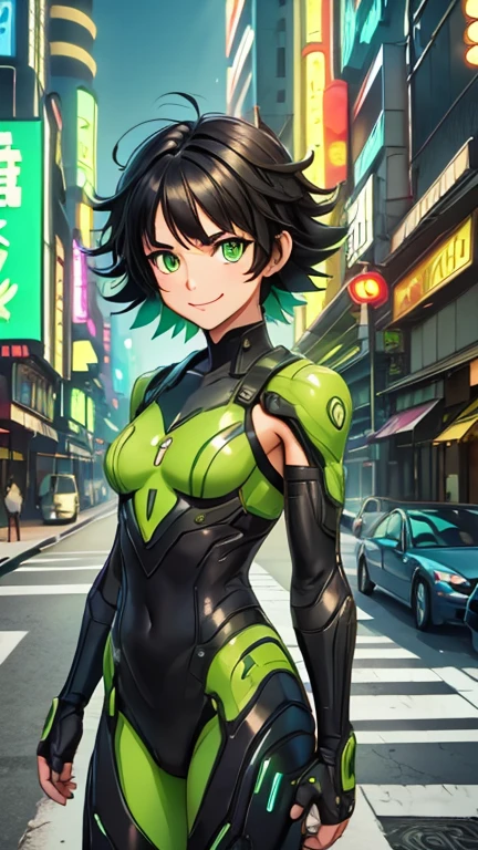 (8k),(masterpiece),(Japanese),(1girl),((Buttercup)),((green armorsuit)),From the front, upper body, Cowboy shot, close up, smile,cute,Innocent,Kind eyes, Flat chest, (black hair, green eyes, short hair, messy hair), city-scene-aso, night,dark, Neon light, LED, building , landscape, avenue, cyberpunk city, vivid colors 