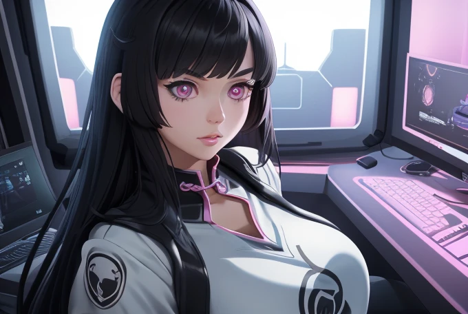 cute neko girl, 1girl, long black hair, white bangs, big breasts, big thighs, big butt, gaming setup, digital art, 8k, photorealistic, detailed face, beautiful eyes, beautiful lips, intricate details, highly detailed, hyper realistic, ray tracing, cinematic lighting, volumetric fog, vibrant colors, fantasy, anime style, elegant