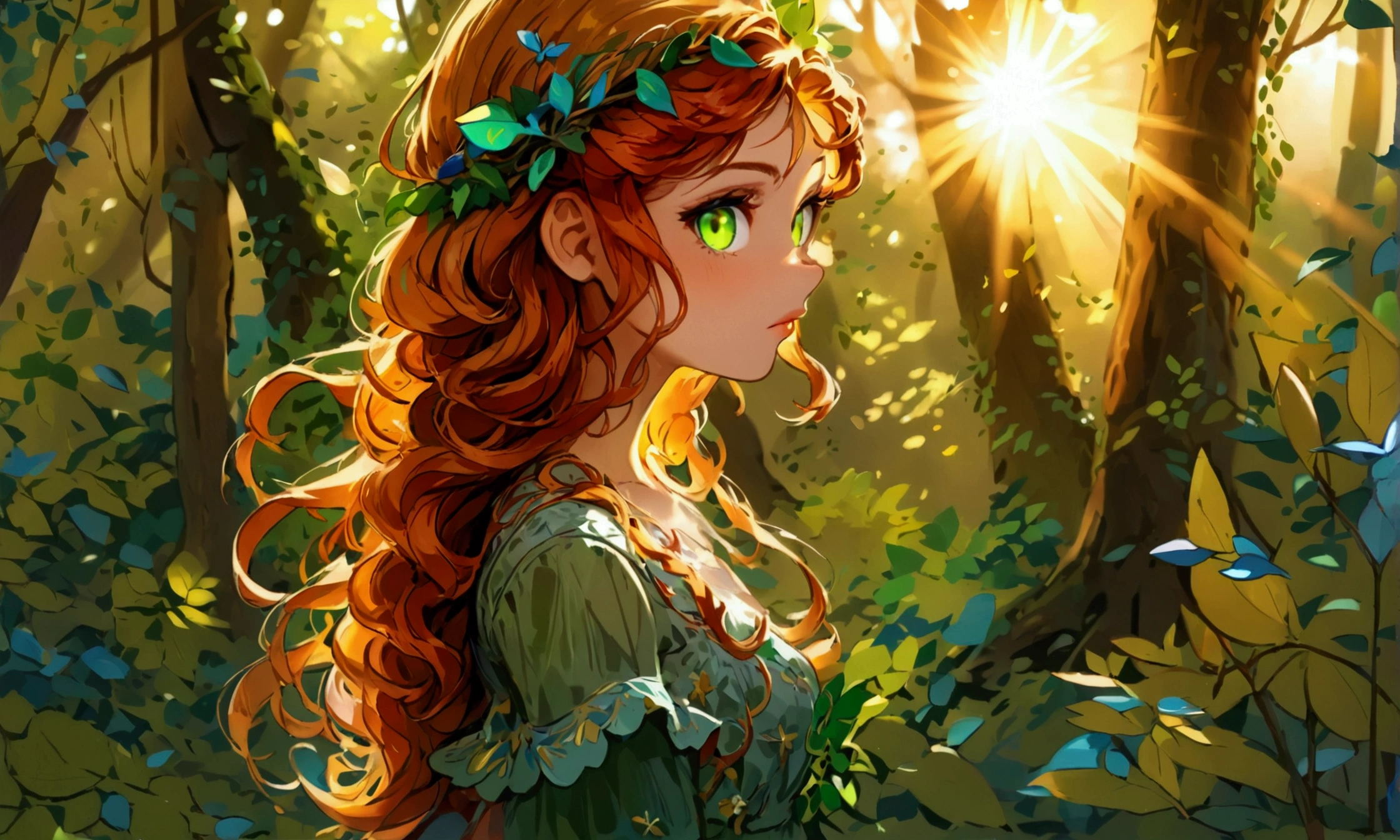 A beautiful woodland fairy with (long curly reddish-blonde  hair, vivid green eyes:1.3), (hair should have 1 large bread, with small tendrils and loose curls framing for elegant face)and a tattred dress made of leaves and vines,  standing elegantly innthe middle of a ethernal forest, beautiful fairy is the main focus of the image, with warm lighting coming from the setting sun, enhancing her perfect features, The image has a soft background.
