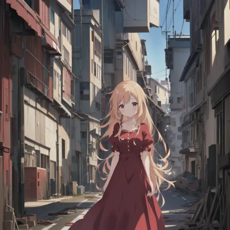 anime girl in red dress walking down a street with a piano, anime style 4 k, official artwork, official anime artwork, in a ruin...