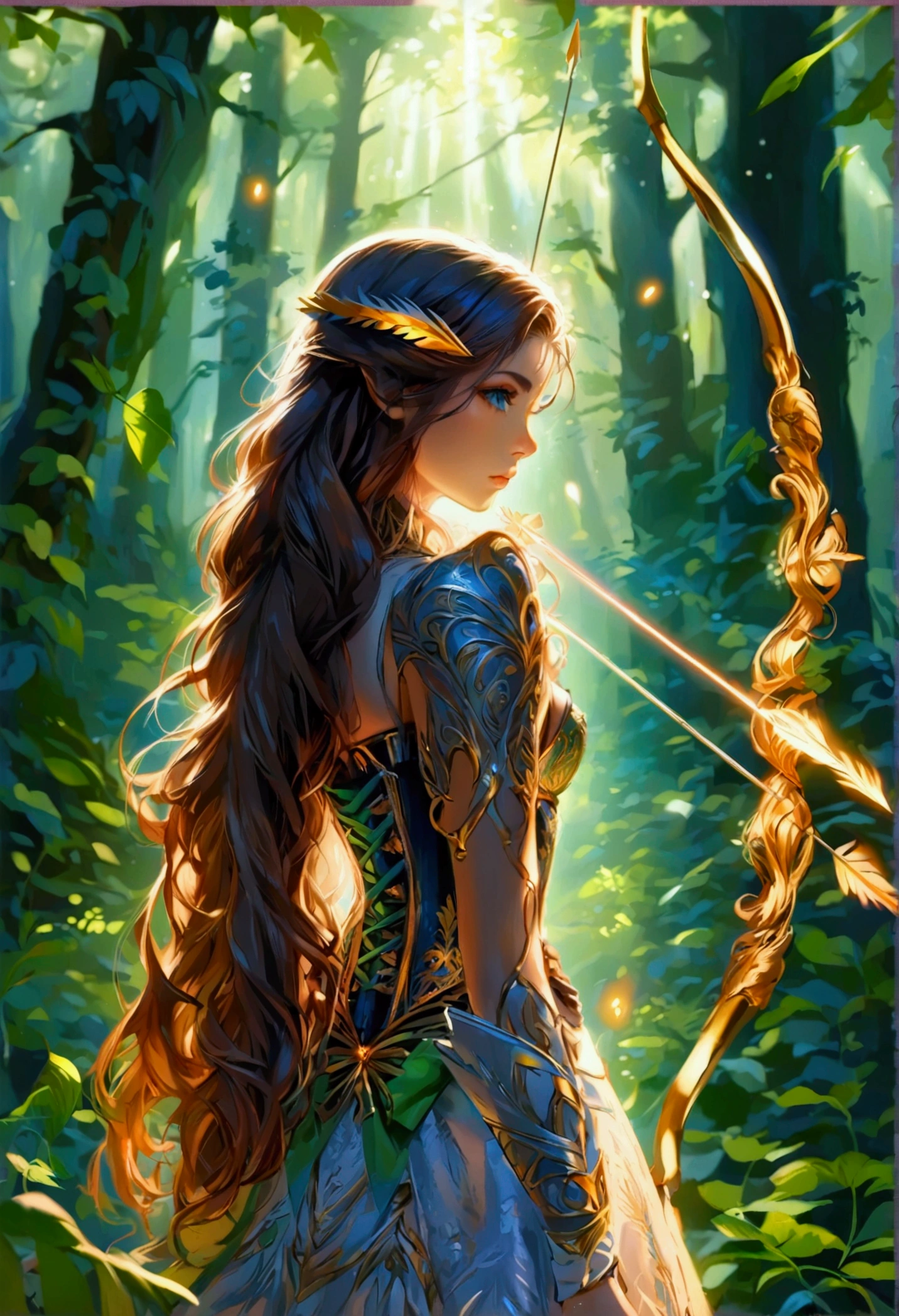 Focused and poised, she stands in a dense, mystical forest, drawing back a glowing, electrified arrow on her intricately designed bow. Her long brown hair flows naturally, partially pulled back. She wears an elegant, ornate corset with detailed, golden designs paired with flowing fabric, creating an ethereal appearance. Her pose is strong and deliberate, showcasing strong arm muscles as she aims with precision. The vivid greenery of the forest blends with the magical light emitted from her arrow, casting a mystical atmosphere around her. Natural light filters from above, casting soft shadows and enhancing the dramatic, enchanted setting.