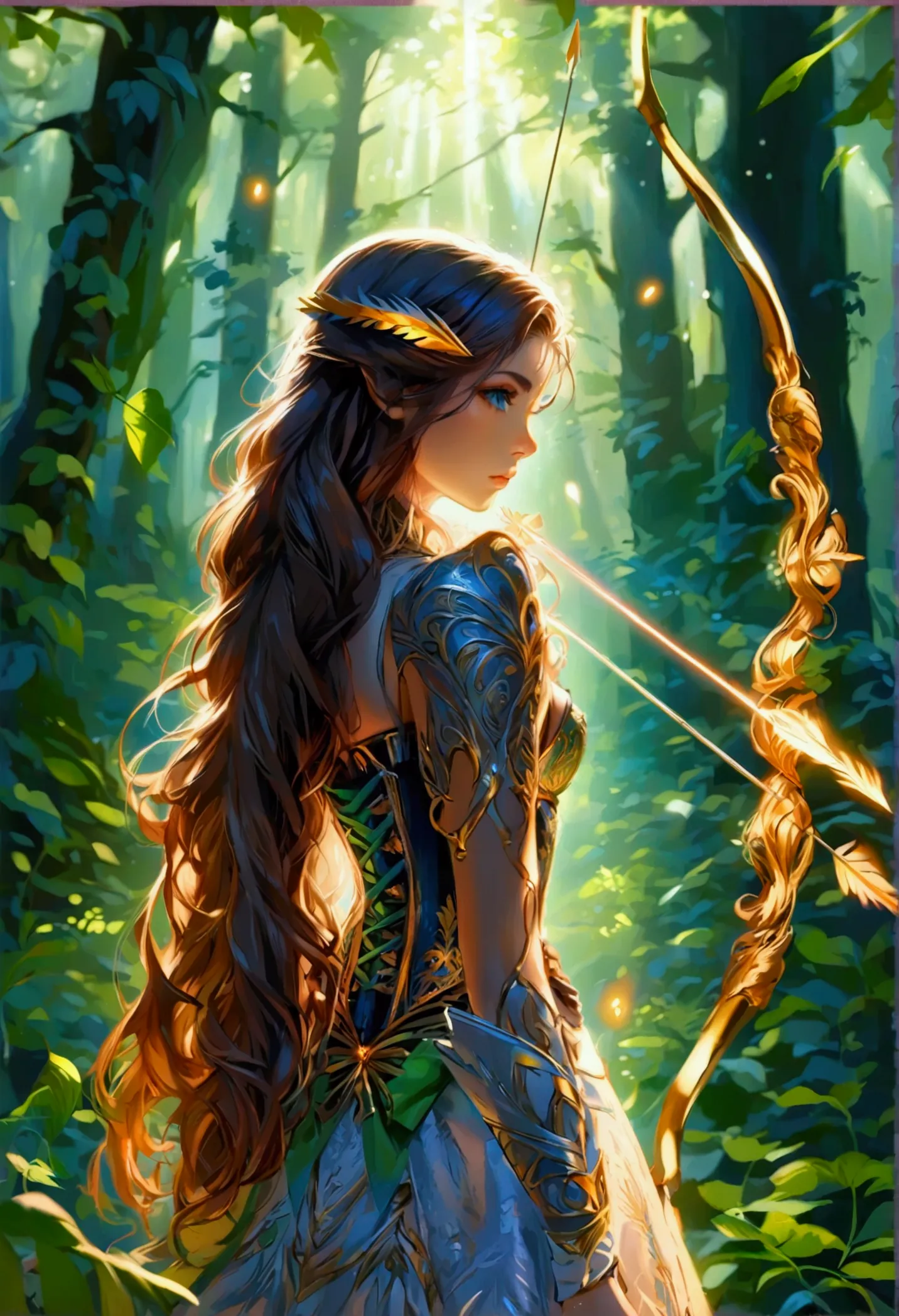 focused and poised, she stands in a dense, mystical forest, drawing back a glowing, electrified arrow on her intricately designe...