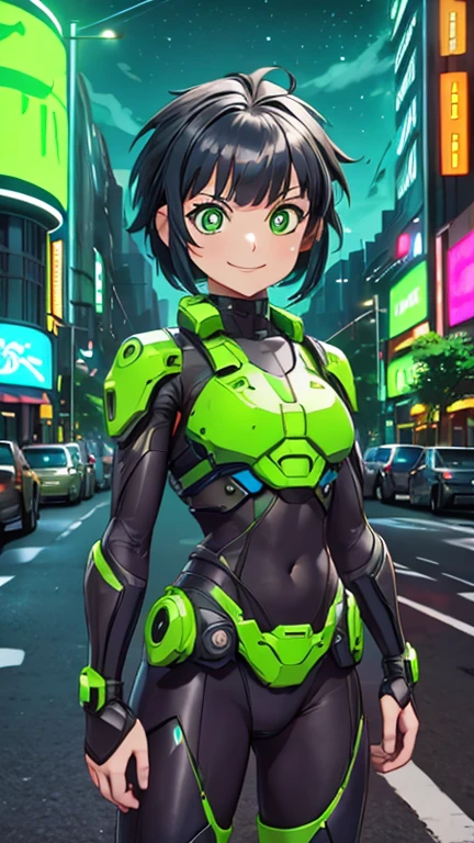 (8k),(masterpiece),(Japanese),(1girl),((ppgzkor)),((armorsuit, green)),From the front, upper body, Cowboy shot, close up, smile,cute,Innocent,Kind eyes, Flat chest, (green eyes, bright pupil, black hair, short hair), city-scene-aso, night,dark, Neon light, LED, building , landscape, avenue, cyberpunk city, vivid colors 