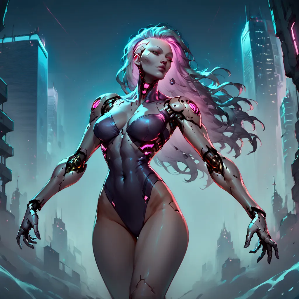 cyberpunk, sexy, dancing with a magical energy, long metal hair, cyber city background