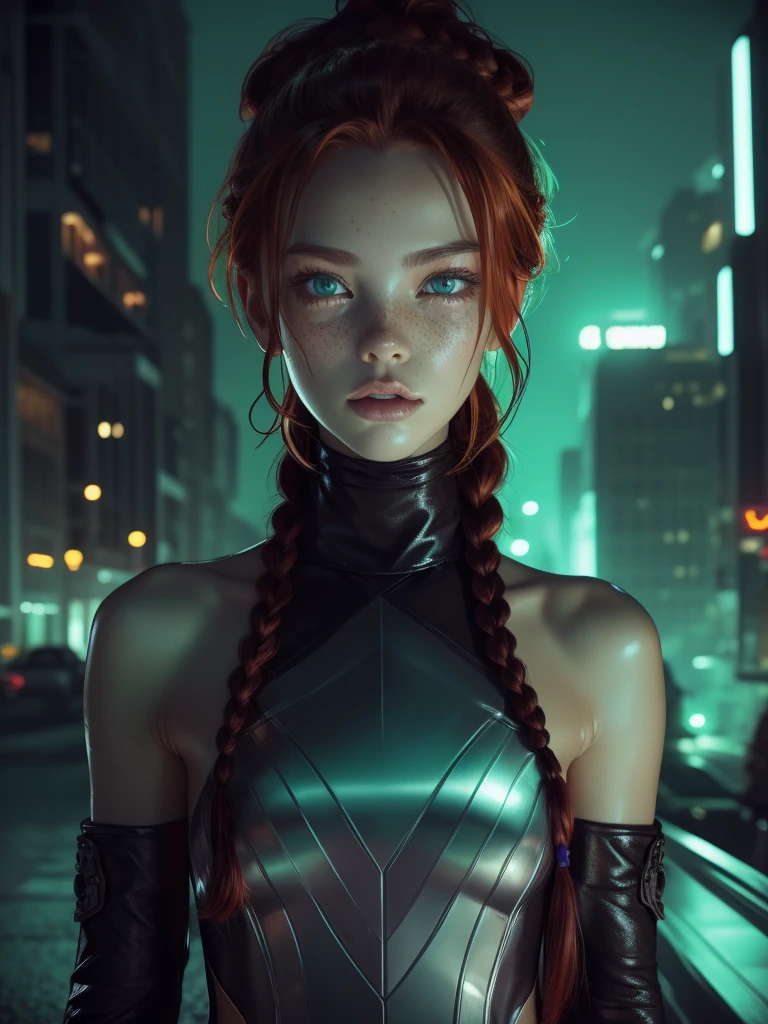 1girl, orange hair, high braid, ((braided ponytail)), freckles, (blue eyes), oversized glasses, small, slender build, short height, narrow shoulders, pale skin dotted by freckles, youthful teen girl, RAW photo, ((slim body: 1)), (HQ skin: 1.4), 8k uhd, soft light, high quality, flat chest, sword, ((green black military outfit)), purple accents, skirt, ((nightmare cityscape))
