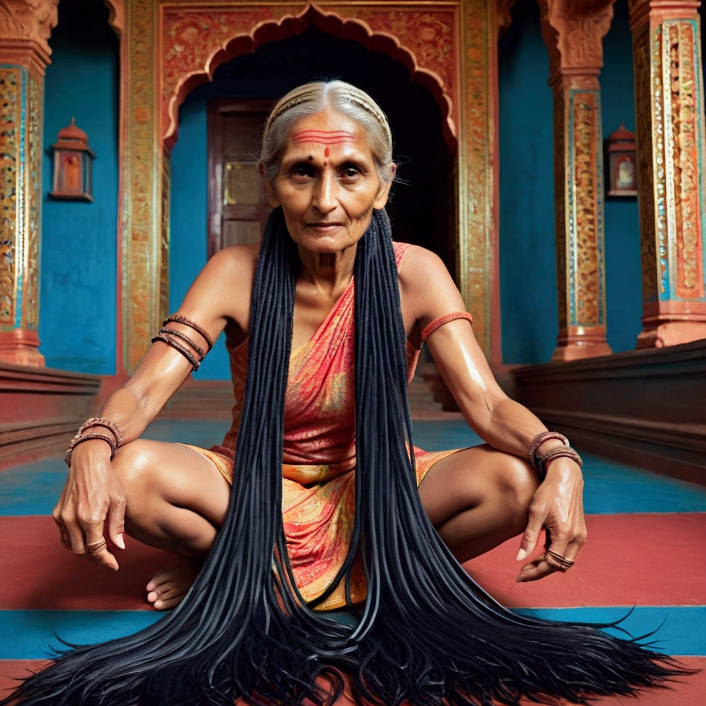 in a vibrant kali temple,two eldery indian woman, dressed in traditional attire, her dress raised to her knees,suddenly flashes her legs,their black long,intricately embosed dutch braided,Flooded with 100 liters of oil over thier braids,hairs like oil pulp tiny small threads,Her posture and attire exude a sense of cultural reverence and tradition.she is looking at viewer side

