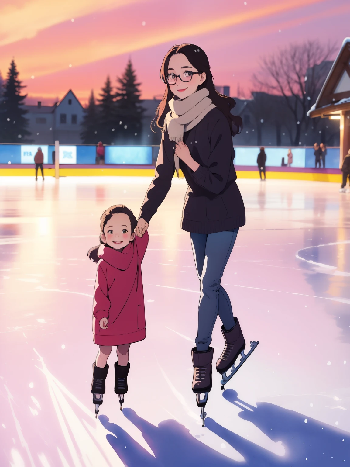 (Superflat, Flat Shading), Best Quality，Cute young mother and her little daughteresheye Lens，Glasses，Very short stature，Flat Chest， Very thin thighs，A warm, oversized sweater，Warm scarf，Long Hair，Skating rink，ice skating，smile，smile，fun，play，winter，snow，dusk，Beautiful sunset，Wide angle，Vibrant colors，watercolor，Ghibli Style