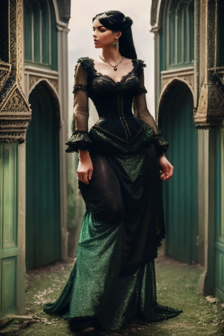 (photorealism:1.7), Antoinette is a captivating figure, embodying both elegance and mystery. Her raven-black hair wolf cut with bangs + accentuated by piercing emerald eyes that seem to gleam with an inner fire. She stands at 10 feet tall a true beauty in the Victorian era + yet her slender frame seems almost fragile compared to the towering giantesses she reads about. + Her features are finely chiseled + delicate, as if carved from marble by some master artisan. Antoinette's style is quintessentially Victorian + refined. She favors elaborate gowns with intricate lace details and corseted waists that accentuate her curves. A delicate gold necklace adorns her neck + a pair of sparkling emeralds dangle from her ears, drawing attention to their piercing green hue. make her a giantess show off her giant height and make she she dawns victorian era and gothic clothing and make it revealing shes extreamyly busty and curvy almost unhuman and very very very tall make sure her full body is shown in the photo shes standing up and looking down, shes tall slutty and victorian without a sense of modesty make her pale and gothic but with an olive hue like shes at a funeral make the camera angle low and her starting at it. she must face the camera and the background should serve as a comparision forhow big sheis compared to everything