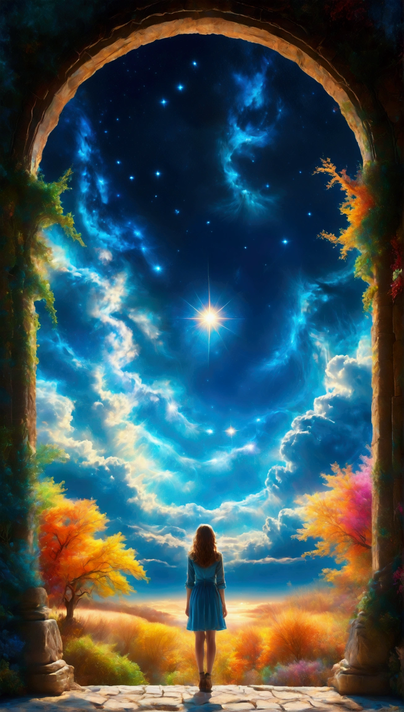 whimsical, realistic, pen and pencil drawing, colorful, full image, woman standing back to viewer in front of an arch, on the other side lie four visible different seasons, inviting an option of time travel into ones past, time travel at it's very best, mystical and magical, background blue starry sky, in the style of Jacqueline wild, beautiful fantasy portrait 
