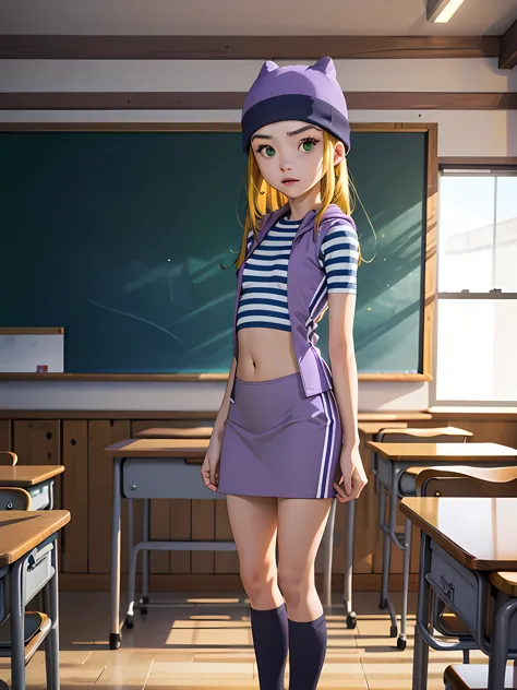 (masterpiece, best quality), 1girl, izumi orimoto, indoors, classroom, green eyes, blonde hair, long hair, purple beanie, purple...