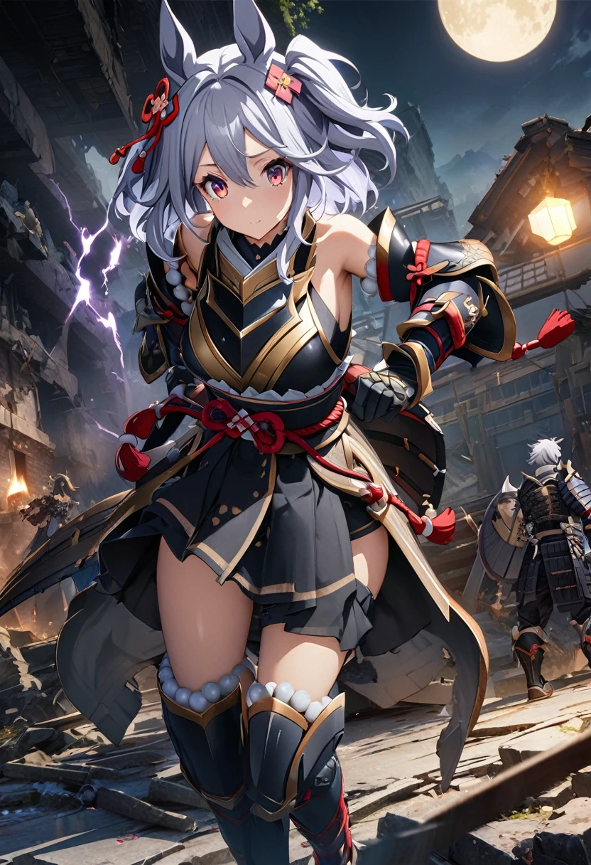 girl, , Samurai Armor, Samurai Pearl, knife、Purple lightning flashes in the background、Gray Hair、Dilapidated Ruins,(((masterpiece))),Highest quality, figure,(Beautiful detailed girl),Exposing shoulders,flat_CHST,Diamonds and sparkling eyes,Beautiful and detailed cold face,Very long blue and silver hair,Floating black feather,Moon of night，, Best Quality, Highly Detailed CG Unity 8K Wallpaper, anime「Horse Girl」Characters. A detailed illustration of Kitasan Black,  Horse&#39;s ears, Light effects, thunder efect, The background is dark、The light of the spotlight, Motion Blur, Character border depth, Cinema Lighting, Bokeh Photo, (Soft Focus):1.2, Out of focus highlights, Dreamy mood, Glowing circle, Fascinating Depth, 