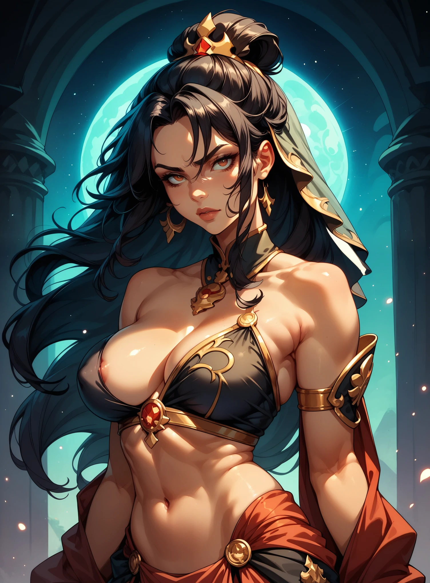 azula as a belly dancer, dressed in a mesmerizing, niiple,one breast out,flowing outfit that showcases her prominent bulge. Her montrals and lekku are decorated with celestial jewelry, and she stands confidently with her legs spread,big boobs,cleavage,busty, showcasing her allure. Set the scene in a cosmic temple with ethereal lights and floating orbs. Use a high-detail, fantasy art style with a focus on her sensual features and the prominent bulge in her attire,veil