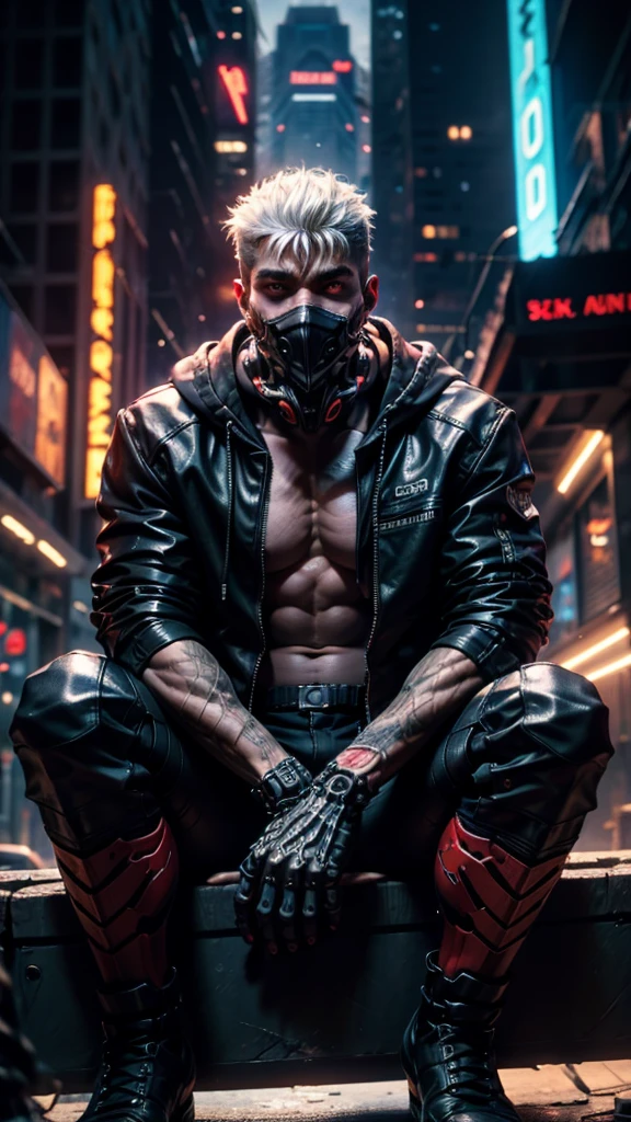 "dark theme :: closeup face focus, ultra realistic futuristic cyberpunk muscular male white hair sitting :: cyberpunk face (cyber eyes) :: cool cybernetic punk jacket red neon eyes :: shirtless:: mechanical intricate mask :: natural lighting :: bokeh :: 8k :: best quality :: masterpiece :: futuristic cityscape background" bulge, shirtless 