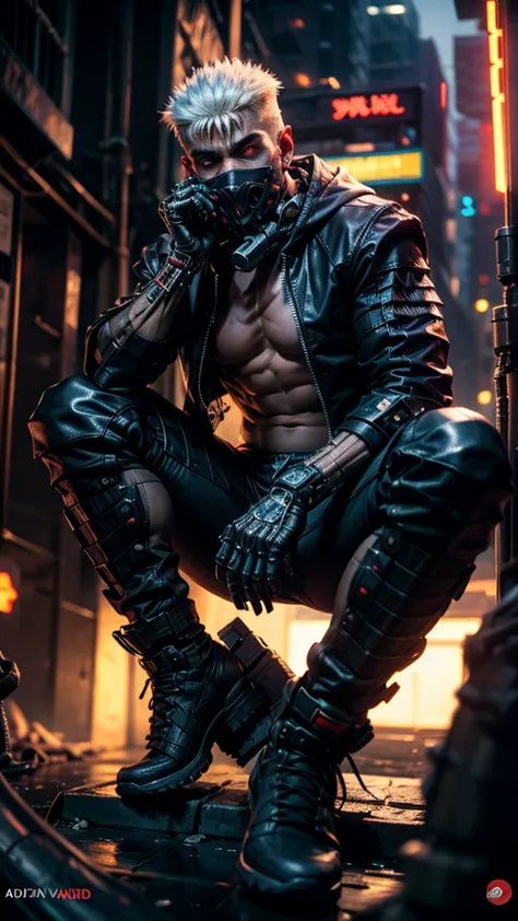 "dark theme :: closeup face focus, ultra realistic futuristic cyberpunk muscular male white hair sitting :: cyberpunk face (cybe...