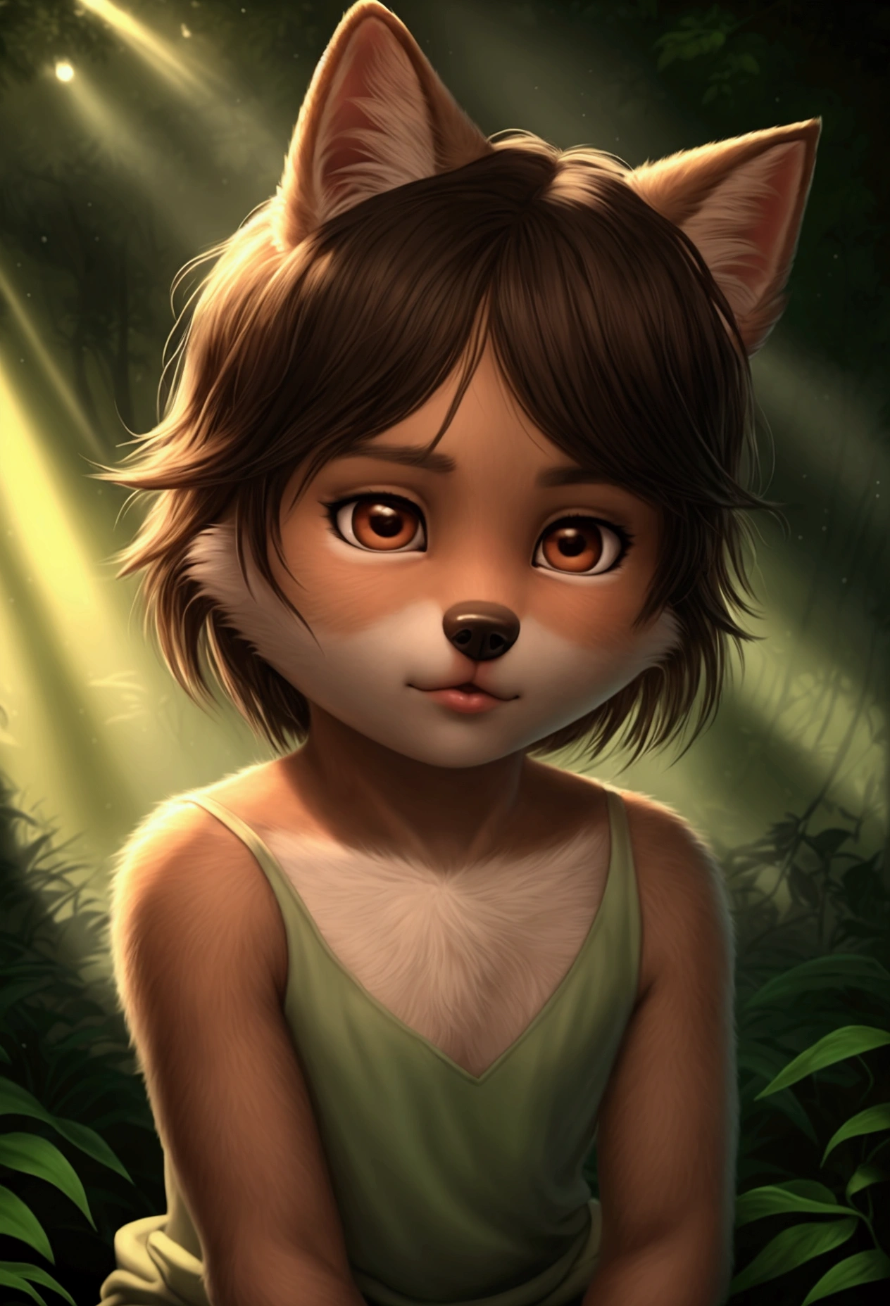 1 young wolf boy in the forest, little clothing, detailed facial features, detailed eyes, detailed lips, beautiful detailed face, cute expression, mischievous, animal ears, fluffy fur, detailed fur texture, natural lighting, lush forest, overgrown foliage, sunbeams, warm tones, cinematic lighting, dramatic shadows, hyper realistic, 8k, high quality, masterpiece