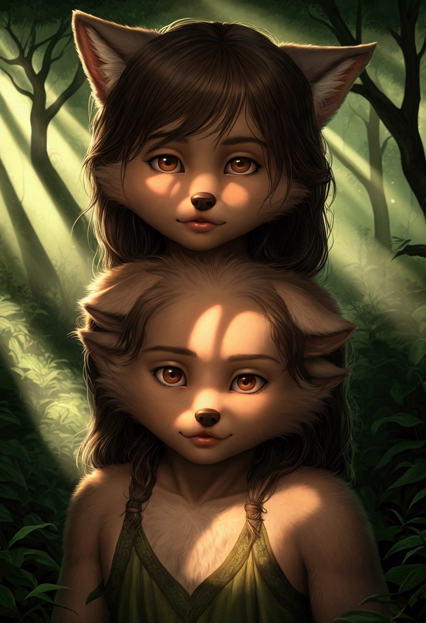 1 young wolf boy in the forest, little clothing, detailed facial features, detailed eyes, detailed lips, beautiful detailed face, cute expression, mischievous, animal ears, fluffy fur, detailed fur texture, natural lighting, lush forest, overgrown foliage, sunbeams, warm tones, cinematic lighting, dramatic shadows, hyper realistic, 8k, high quality, masterpiece