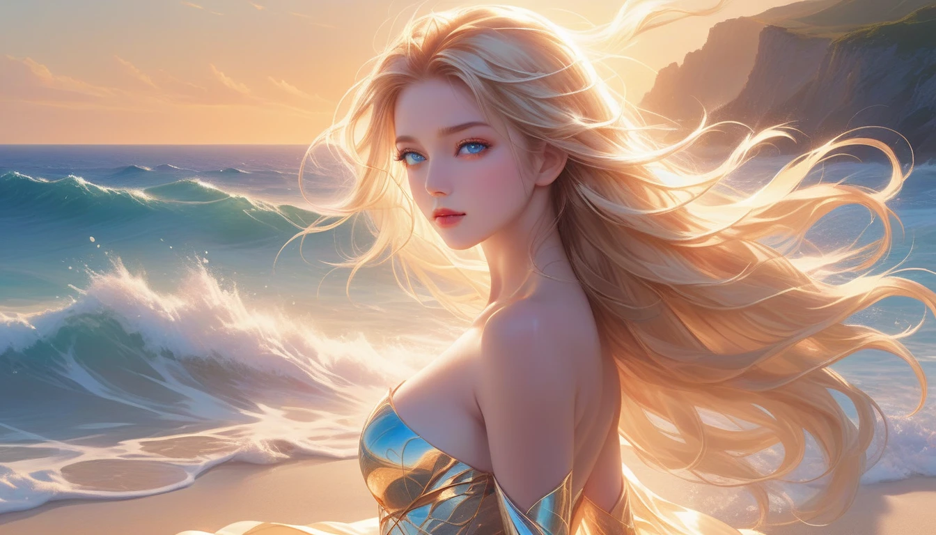 A Masterpiece In 32K Resolution, Supreme Quality, Super Detail, Official Art, Very High-Resolution 32K Wallpaper, Majestic And Aesthetic, Ultra-Detailed Features, Awe-Inspiring Detail. A Wind-Swept Beach With (Glowing Sands), (Crashing Waves), And Skin With A Golden, Sun-Kissed Glow (Highlight Her Ample Breasts). A Girl With A Mildly Pensive Expression, Flowing Sunset Blonde Hair, Glistening In The Wind, And Bright Ocean Blue Eyes, Reflecting The Surrounding Sea. Her Features Are Radiant And Breathtakingly Delicate, Bathed In (Soft Golden Sunset). (Exquisitely Detailed Beauty), With Expressions Full Of Thought And Wonder, Set Against A Majestic Coastal Scene. The Water Glistens With Fine Detail, Echoing The Beautiful Symmetry Of Her (Stunning Face). This Original Artwork Features Ultra-Precise Craftsmanship, Bringing Out Every Detail Of Her Enchanting Form And Elegant Aura.