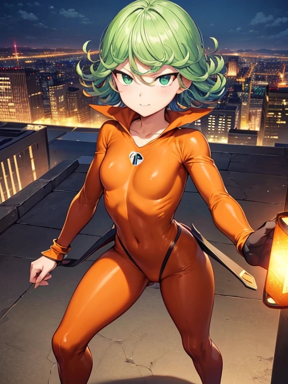 Masterpiece, best quality, ultra detailed, illustration, lighting epic, cinematic composition, 1 girl, Tatsumaki, short hair, green hair, very small breasts, green eyes, bright eyes, smiling, blushing, closed mouth, piercing gaze, full body, gremlin, brown collar, tall, very thin, hunched over, long metal claws, spikes on his forearms, brown details, brown fingerless gloves, orange wristbands, orange nanotech suit, light armor, orange chest with an emblem, high shoulder pads, orange suit with brown stripes, brown tiger stripes, triangle emblem on his chest, orange emblem, orange pants, orange knee pads, metallic orange boots, metallic orange shoes, brown superhero belt, standing on a building, city background, anime