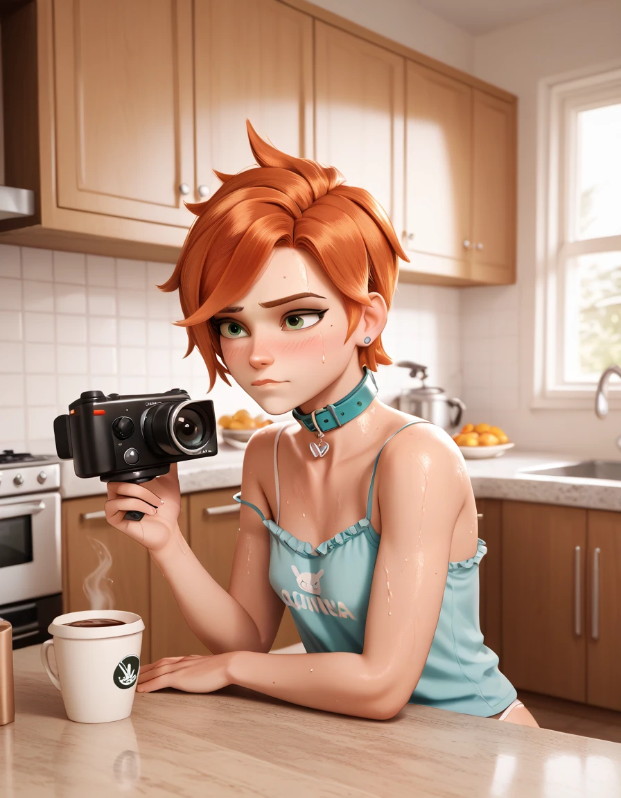 fantasy, overwatch render, Gwendolyn_Tennyson, ginger hair, short hair, one side of head shaved, fluffy hair, blushing, concerned face, camisole, g-string, cozy, sweaty, sitting on counter in kitchen, drinking Coffee in kitchen, collar, camera slightly low and slightly to the side