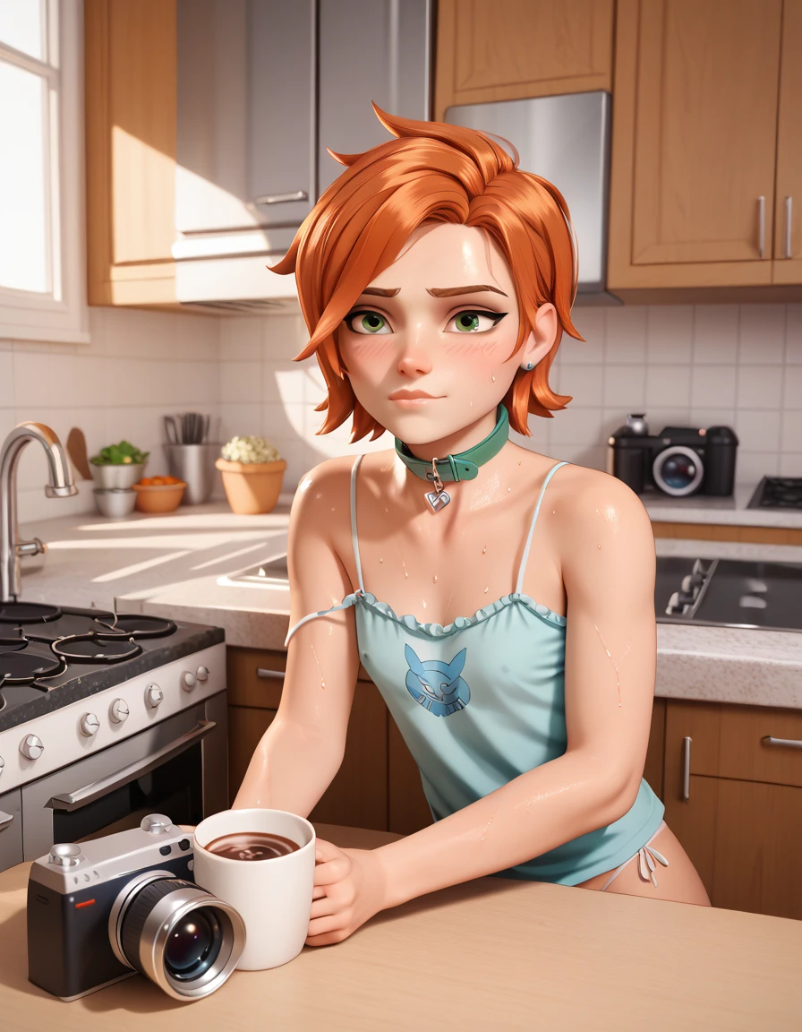 fantasy, overwatch render, Gwendolyn_Tennyson, ginger hair, short hair, one side of head shaved, fluffy hair, blushing, concerned face, camisole, g-string, cozy, sweaty, sitting on counter in kitchen, drinking Coffee in kitchen, collar, camera slightly low and slightly to the side