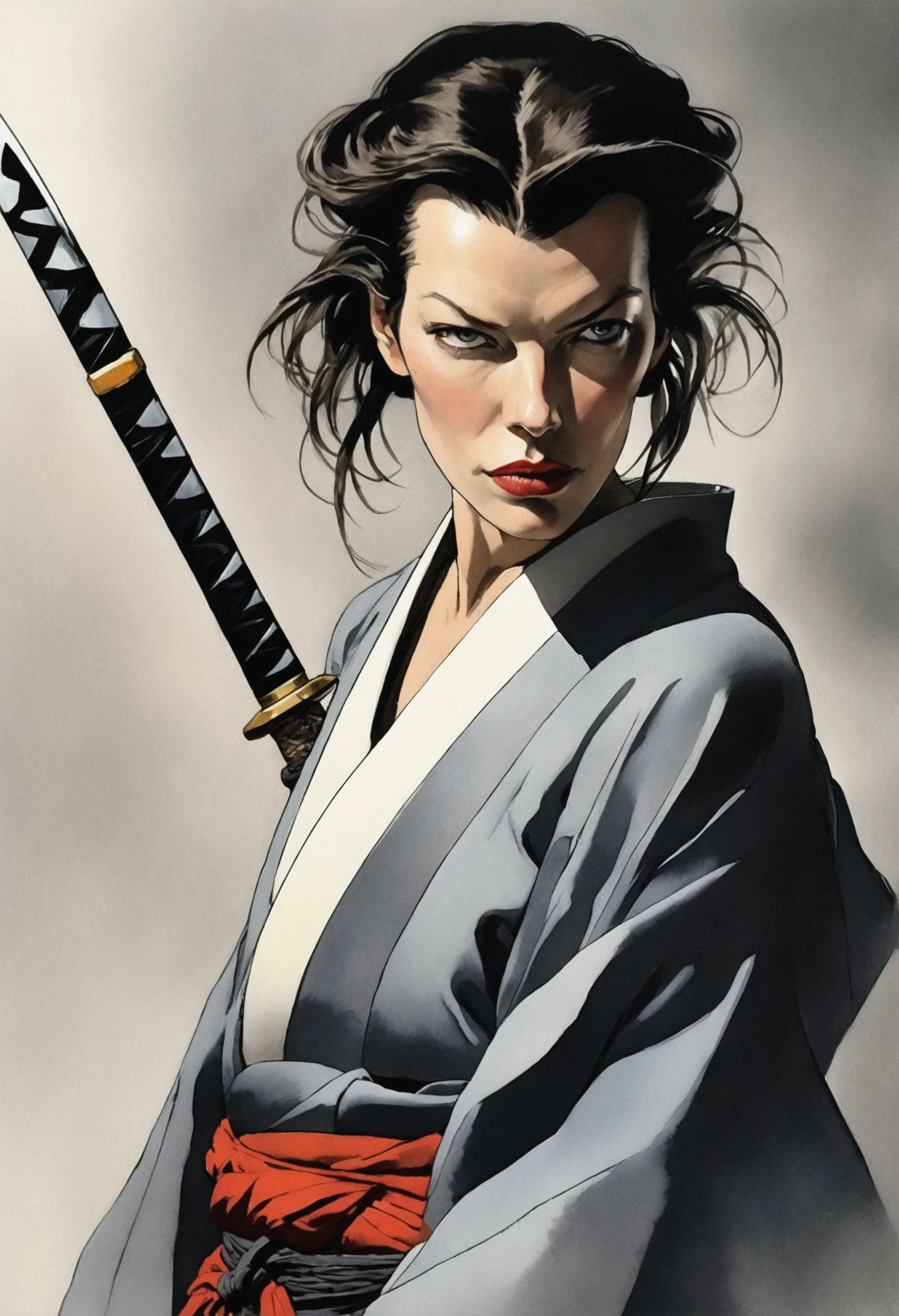 The enigmatic samurai woman (Milla Jovovich) wielding a long Japanese sword, Splitting with each powerful slash、Enveloped in the mist that obscures vision, Revealing a vivid and otherworldly scene, The clarity of the sword's slash against the hazy background, Mysterious Background, The white fox's sharp gaze met the viewer's., A layer of ethereal mist shrouding the foreground, Piercing, clear eyes, An exquisite and detailed kimono, Dramatic lighting and colors