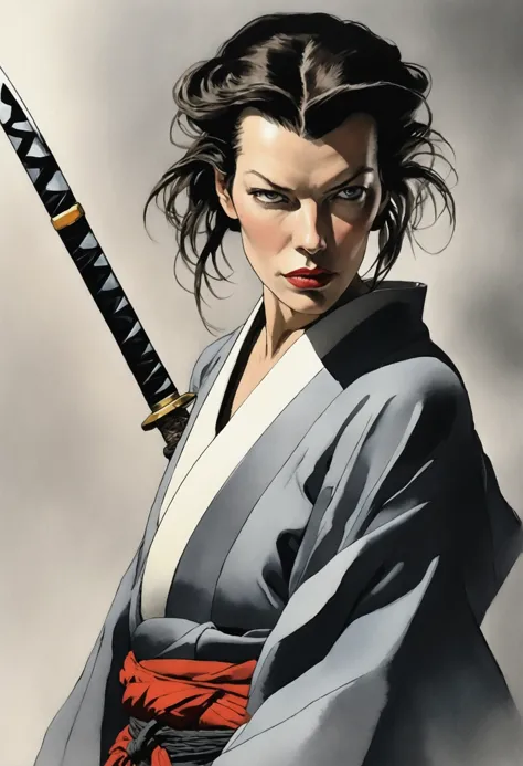 the enigmatic samurai woman (milla jovovich) wielding a long japanese sword, splitting with each powerful slash、enveloped in the...