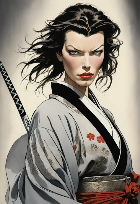 the enigmatic samurai woman (milla jovovich) wielding a long japanese sword, splitting with each powerful slash、enveloped in the...