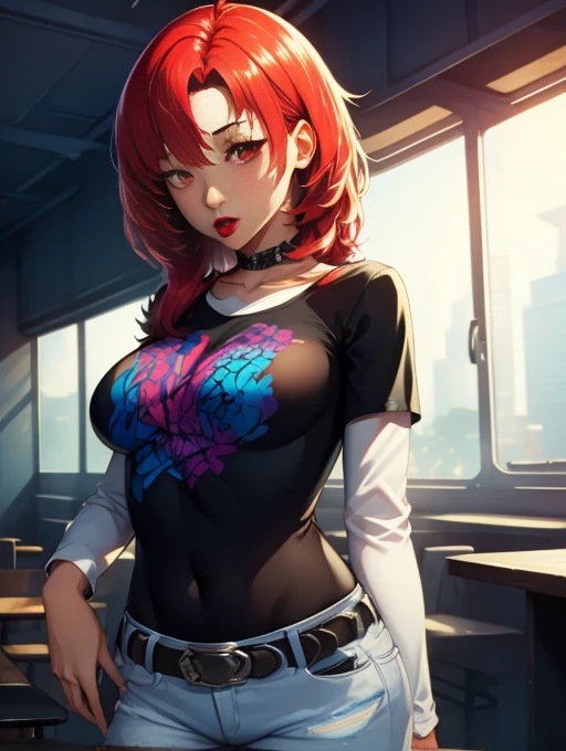 defHapi, red hair, 1girl, solo, standing, black t-shirt, white shirt, blue jeans, belt, lipstick, large breasts