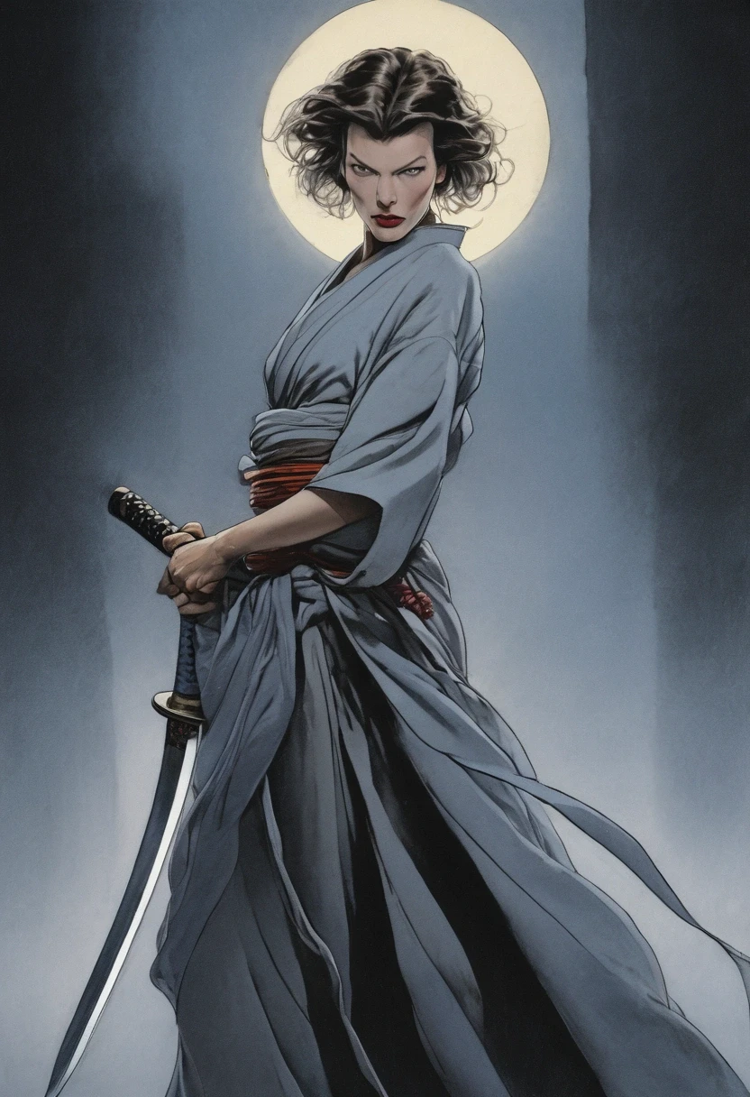 The enigmatic samurai woman (Milla Jovovich) wielding a long Japanese sword, Splitting with each powerful slash、Enveloped in the mist that obscures vision, Revealing a vivid and otherworldly scene, The clarity of the sword's slash against the hazy background, Mysterious Background, The white fox's sharp gaze met the viewer's., A layer of ethereal mist shrouding the foreground, Piercing, clear eyes, An exquisite and detailed kimono, Dramatic lighting and colors