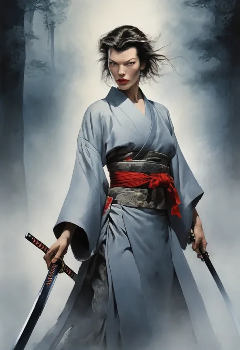 the enigmatic samurai woman (milla jovovich) wielding a long japanese sword, splitting with each powerful slash、enveloped in the...