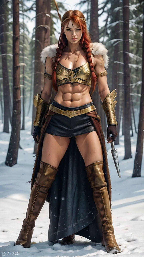 photograph, full body, pose sensual, Valkyrie, Red hair, braids, Leather headband with gold trim, red eyebrows, blue eyes, gun in left hand, light leather armor, tribal tattoos: 1.5, muscular body, six pack abs, big chest: 1.75, full body, Snowy forest, leather over the knee boots