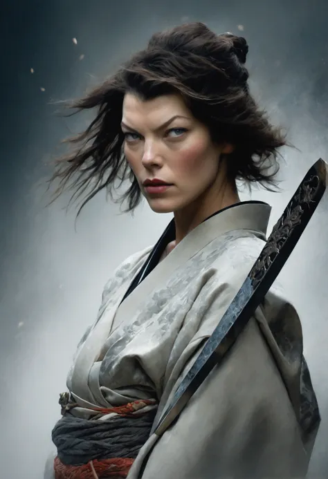 the enigmatic samurai woman (milla jovovich) wielding a long japanese sword, splitting with each powerful slash、enveloped in the...